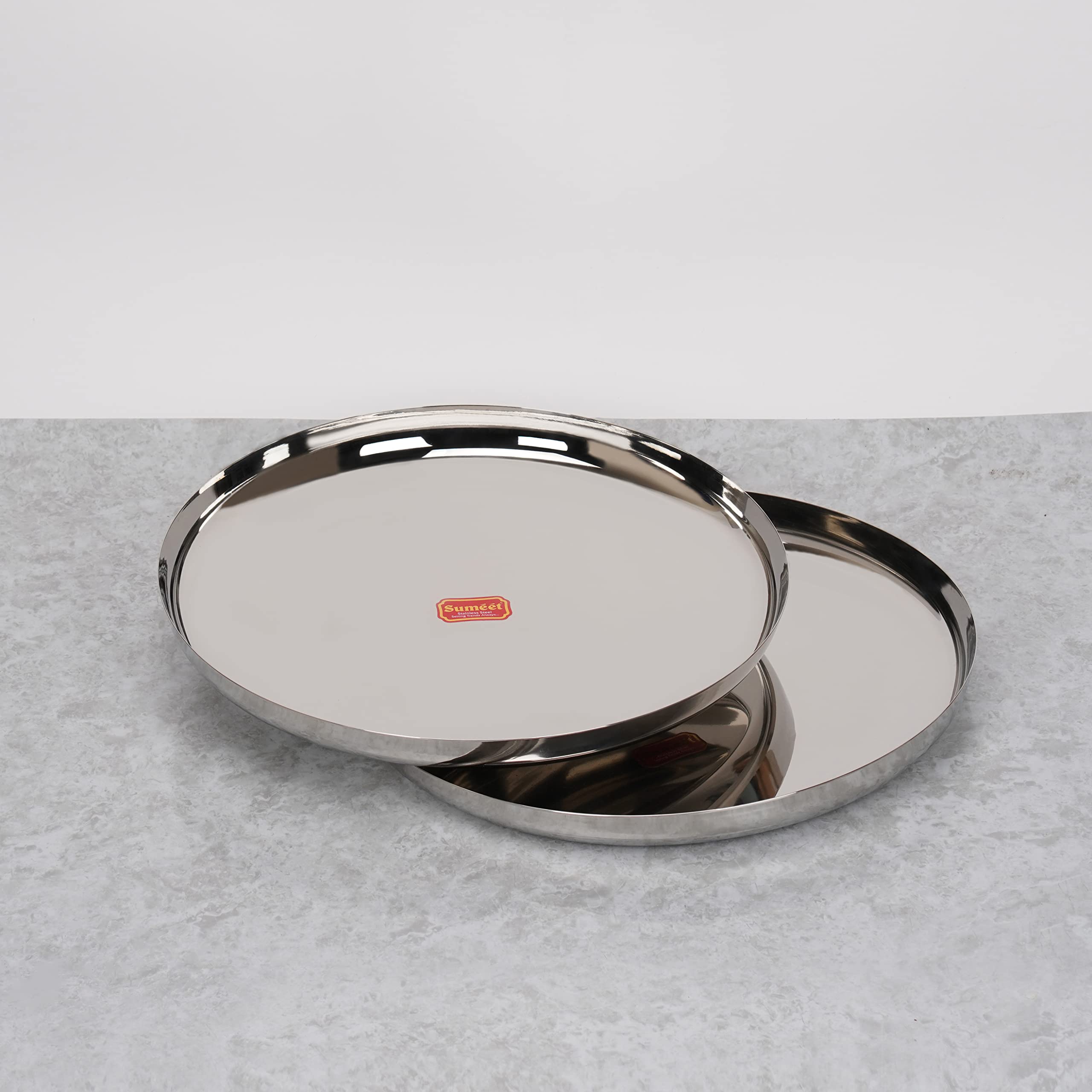 Sumeet Stainless-Steel Apple Shape Heavy Gauge Dinner Plates with Mirror Finish-34.6cm Dia, Set of 2pc, Silver